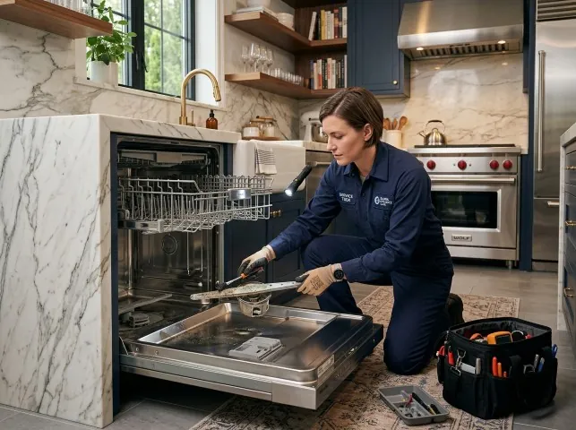 Appliance Repair Hero technician servicing a built-in dishwasher in a Burke, VA kitchen